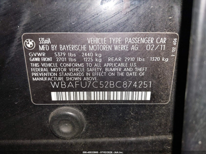 2011 BMW 5 series VIN WBAFU7C52BC874251 IAAI salvage auction — NORMAL WEAR, Clear (Pennsylvania), sold $325 on 2026-07-30 (photo 9)
