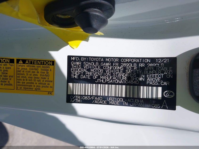 2022 Lexus Lc VIN JTHLP5AY0NA104840 IAAI salvage auction — FRONT END, Salvage (California), sold $41,750 on 2026-07-20 (photo 9)