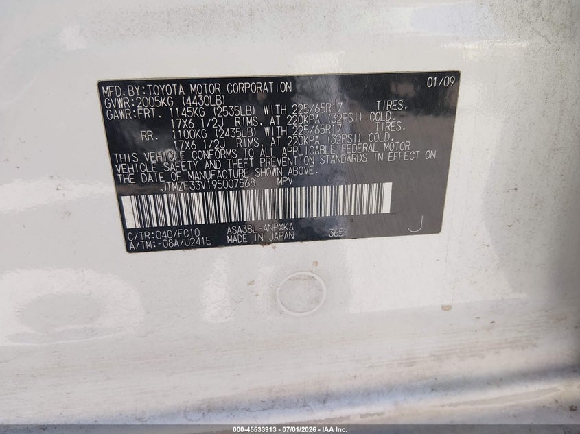 2009 Toyota Rav4 VIN JTMZF33V195007568 IAAI salvage auction — NORMAL WEAR, Original (Texas), sold $1,700 on 2026-07-29 (photo 9)