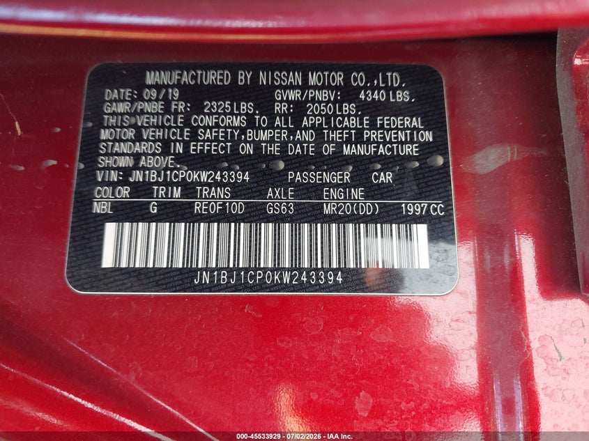 2019 Nissan Rogue VIN JN1BJ1CP0KW243394 IAAI salvage auction — REAR END, Salvage Title, sold $1,800 on 2026-07-28 (photo 9)