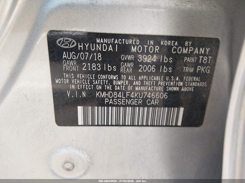 2019 Hyundai Elantra VIN KMHD84LF4KU746606 IAAI salvage auction — THEFT, Salvage (North Carolina), sold $3,400 on 2026-08-02 (photo 9)