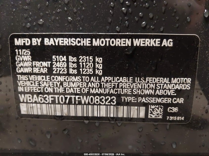 2026 BMW 3er VIN WBA63FT07TFW08323 IAAI salvage auction — FRONT END, Salvage Title, sold $28,600 on 2026-08-18 (photo 9)