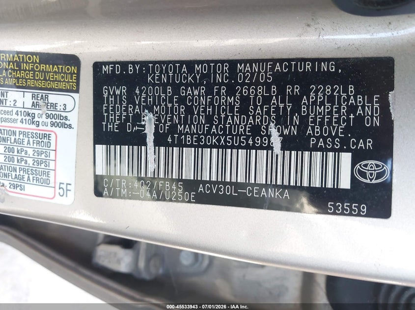 2005 Toyota Camry VIN 4T1BE30KX5U549987 IAAI salvage auction — NORMAL WEAR, Clear - Dealer Only (California), sold $525 on 2026-07-09 (photo 9)