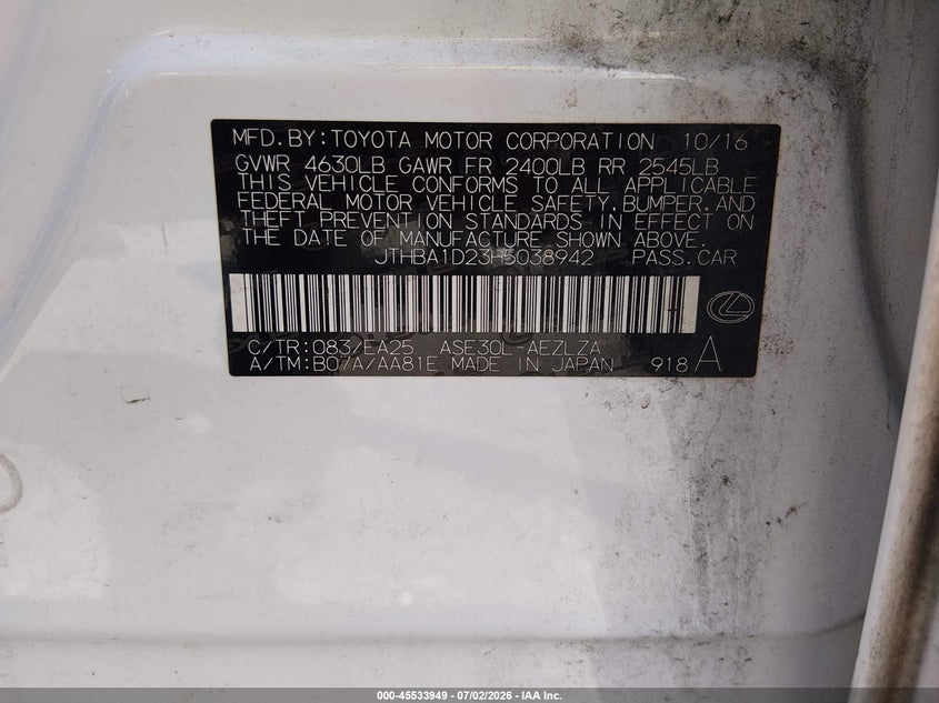 2017 Lexus Is VIN JTHBA1D23H5038942 IAAI salvage auction — FRONT END, Salvage (Tennessee), sold $4,150 on 2026-07-23 (photo 9)