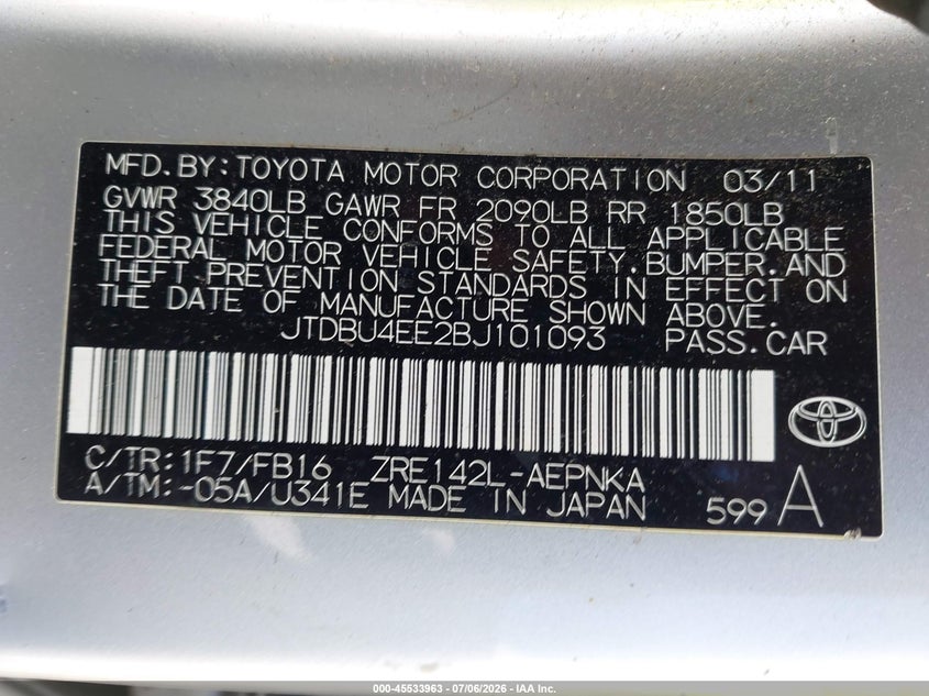 2011 Toyota Corolla VIN JTDBU4EE2BJ101093 IAAI salvage auction — FRONT END, Salvage (California), sold $25 on 2026-07-29 (photo 9)