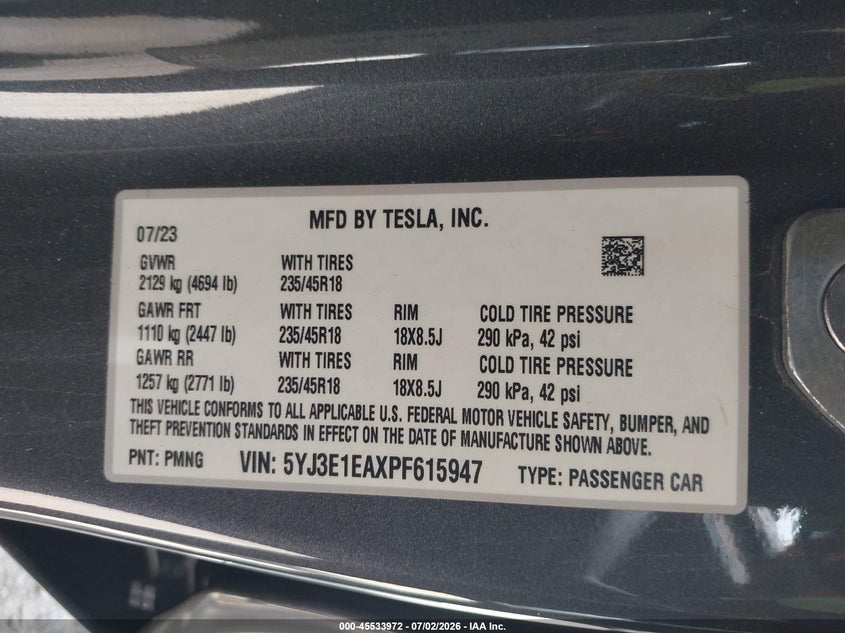 2023 Tesla Model 3 VIN 5YJ3E1EAXPF615947 IAAI salvage auction — SIDE, Original (Texas), sold $7,600 on 2026-07-29 (photo 9)