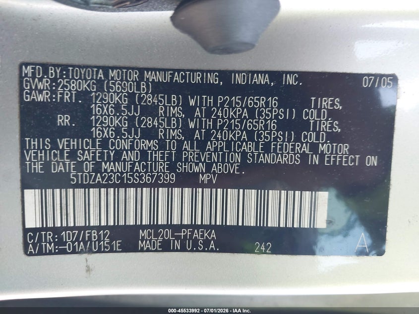 2005 Toyota Sienna VIN 5TDZA23C15S367399 IAAI salvage auction — NORMAL WEAR, Clear (Maryland), sold $775 on 2026-07-16 (photo 9)