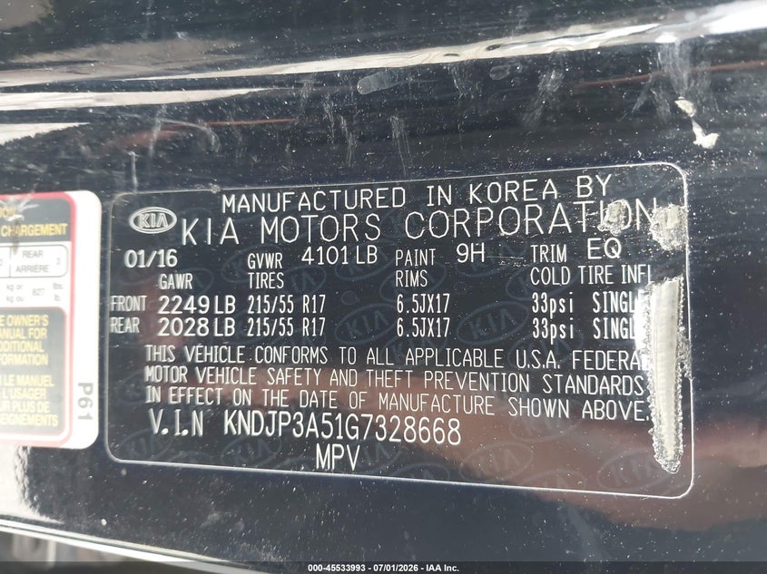 2016 Kia Soul VIN KNDJP3A51G7328668 IAAI salvage auction — NORMAL WEAR, Clear - Dealer Only (California), sold $675 on 2026-07-14 (photo 9)