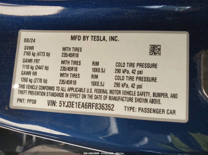 2024 Tesla Model 3 VIN 5YJ3E1EA6RF836352 IAAI salvage auction — SIDE, Original (Texas), sold $12,500 on 2026-07-20 (photo 9)