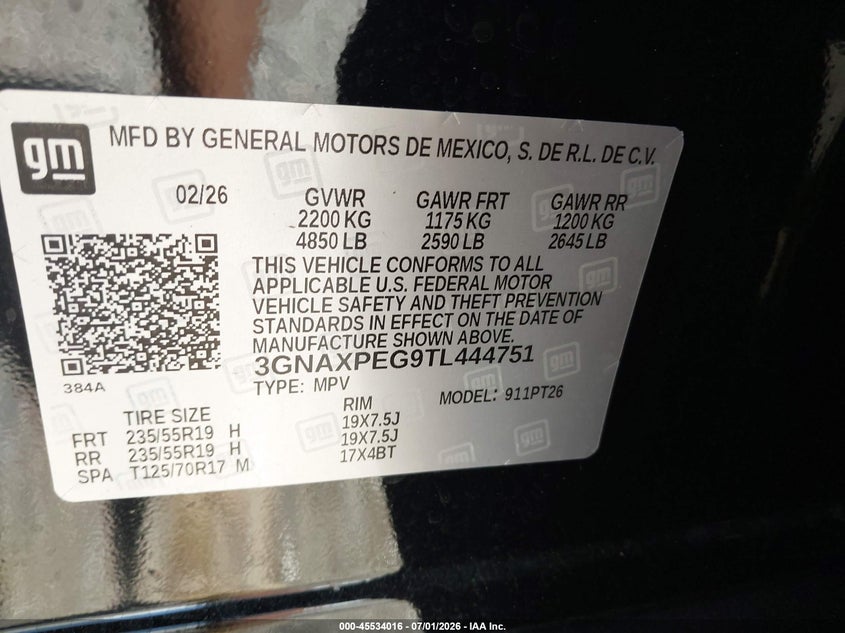 2026 Chevrolet Equinox VIN 3GNAXPEG9TL444751 IAAI salvage auction — RIGHT FRONT, Salvage (Illinois), sold $8,000 on 2026-08-22 (photo 9)