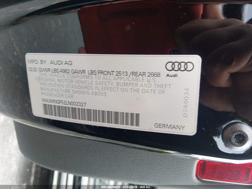 2020 Audi A5 VIN WAUWNGF52LN002327 IAAI salvage auction — SIDE, Rebuildable (Florida), sold $13,150 on 2026-07-16 (photo 9)