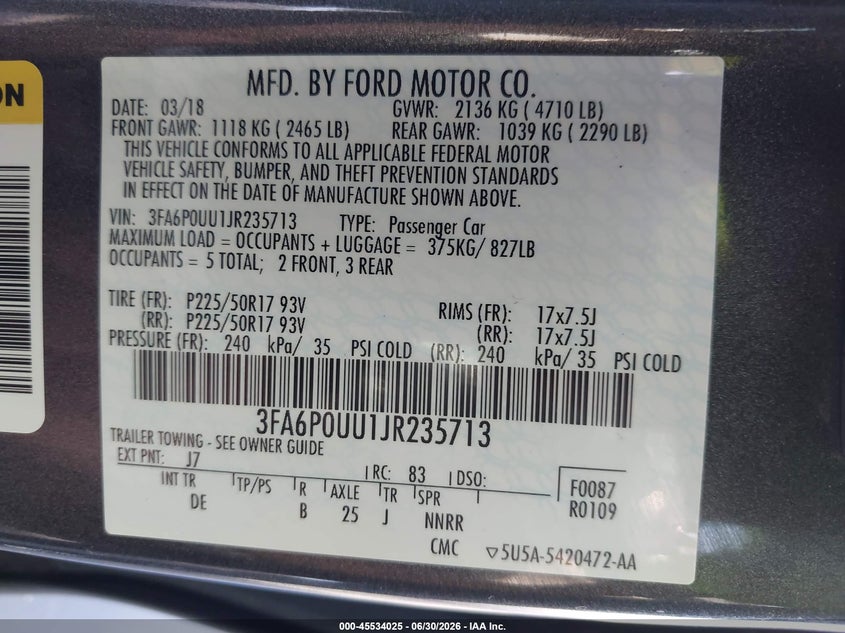 2018 Ford Fusion VIN 3FA6P0UU1JR235713 IAAI salvage auction — NORMAL WEAR, Sf97 (Illinois), sold $9,500 on 2026-09-03 (photo 9)