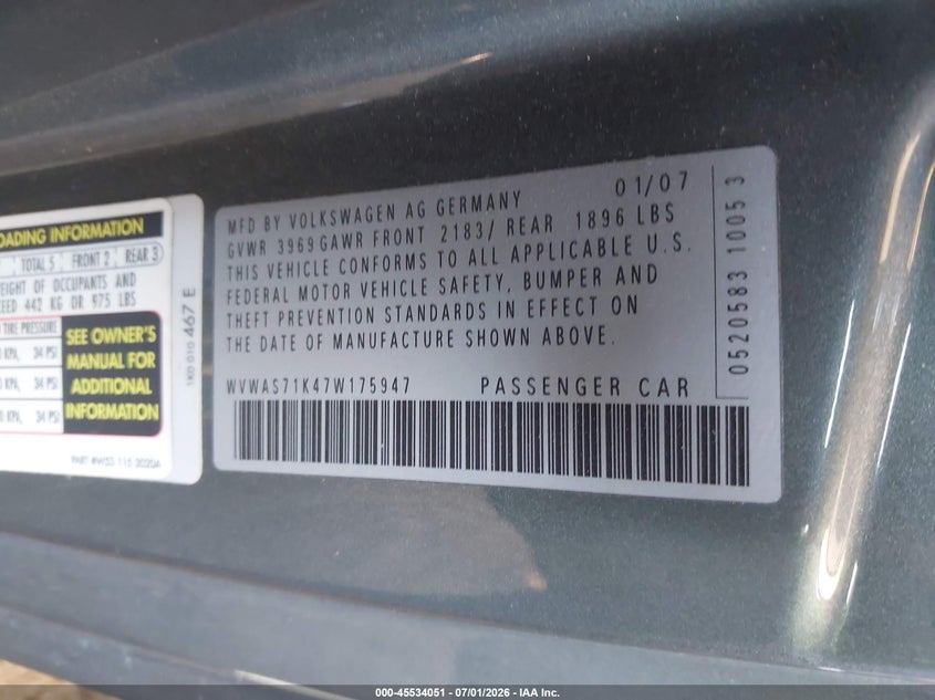 2007 Volkswagen Rabbit VIN WVWAS71K47W175947 IAAI salvage auction — LEFT FRONT, Salvage (Arizona), sold $1,000 on 2026-07-28 (photo 9)