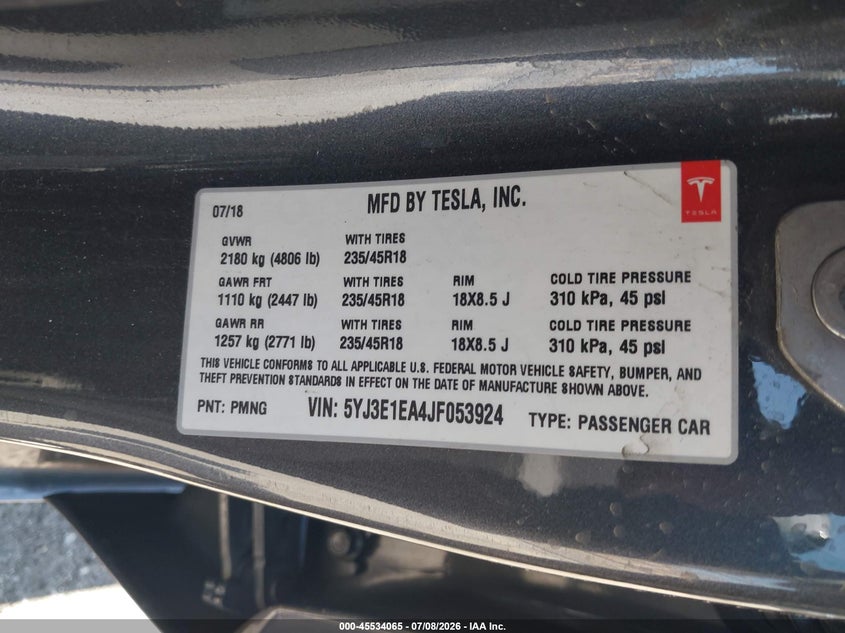 2018 Tesla Model 3 VIN 5YJ3E1EA4JF053924 IAAI salvage auction — LEFT FRONT, Salvage (California), sold $3,600 on 2026-07-30 (photo 9)