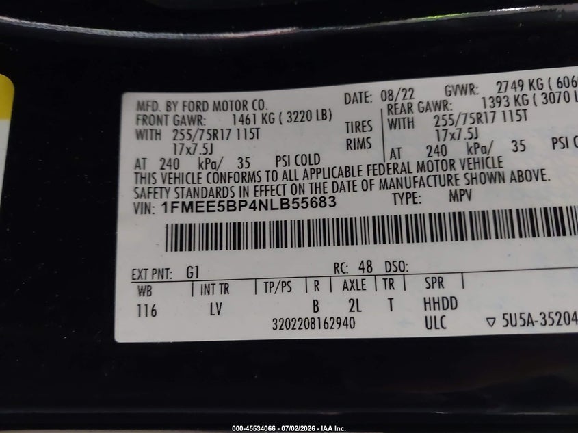 2022 Ford Bronco VIN 1FMEE5BP4NLB55683 IAAI salvage auction — FRONT END, Salvage Title, sold $11,450 on 2026-09-06 (photo 9)