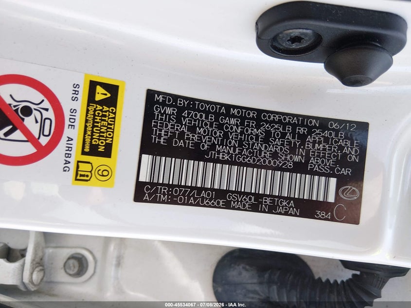 2013 Lexus ES VIN JTHBK1GG6D2000928 IAAI salvage auction — RIGHT FRONT, Salvage Title, sold $25 on 2026-07-30 (photo 9)