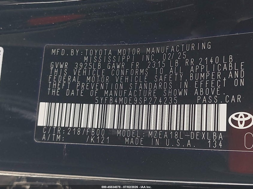 2025 Toyota Corolla VIN 5YFB4MDE9SP274235 IAAI salvage auction — FRONT END, Rebuildable (Florida), sold $5,625 on 2026-07-16 (photo 9)