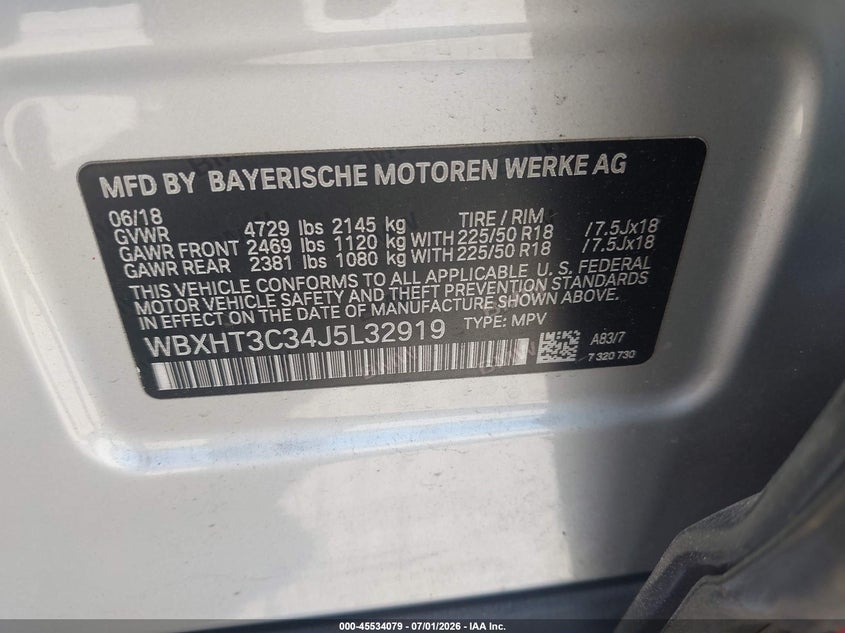 2018 BMW X1 VIN WBXHT3C34J5L32919 IAAI salvage auction — RIGHT FRONT, Salvage (Pennsylvania), sold $2,800 on 2026-07-28 (photo 9)