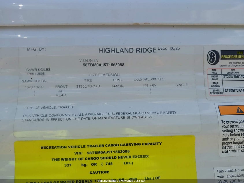 2026 Highland ridge Open range VIN 58TBM0AJ5T1563088 IAAI salvage auction — WATER/FLOOD, Salvage (Mississippi), sold $5,000 on 2026-09-17 (photo 9)
