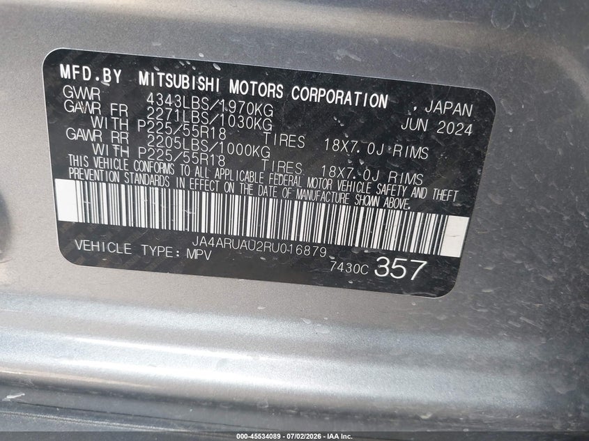 2024 Mitsubishi Outlander VIN JA4ARUAU2RU016879 IAAI salvage auction — FRONT END, Enterprise Vehicles Clear Only (Texas), sold $9,150 on 2026-07-09 (photo 9)