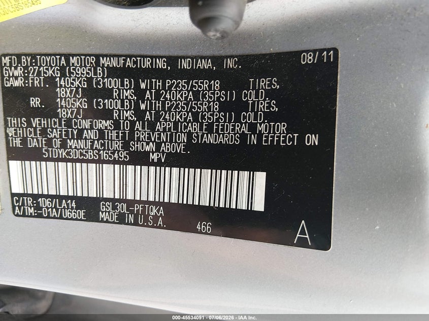 2011 Toyota Sienna VIN 5TDYK3DC5BS165495 IAAI salvage auction — RIGHT SIDE, Salvage - Greater Than 75% (Maryland), sold $2,250 on 2026-07-20 (photo 9)