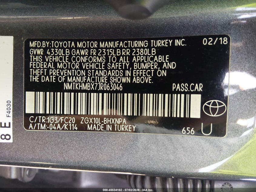 2018 Toyota C-hr VIN NMTKHMBX7JR063046 IAAI salvage auction — FRONT END, Rebuildable (Florida), sold $2,650 on 2026-07-28 (photo 9)