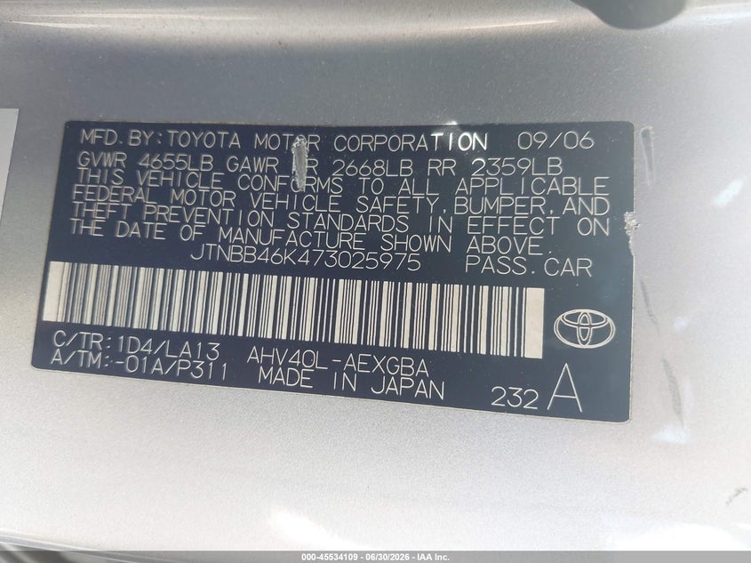 2007 Toyota Camry VIN JTNBB46K473025975 IAAI salvage auction — FRONT END, Salvage (California), sold $525 on 2026-07-31 (photo 9)
