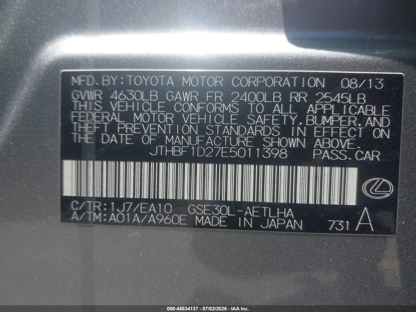 2014 Lexus Is VIN JTHBF1D27E5011398 IAAI salvage auction — FRONT END, Salvage Title, sold $3,150 on 2026-07-20 (photo 9)