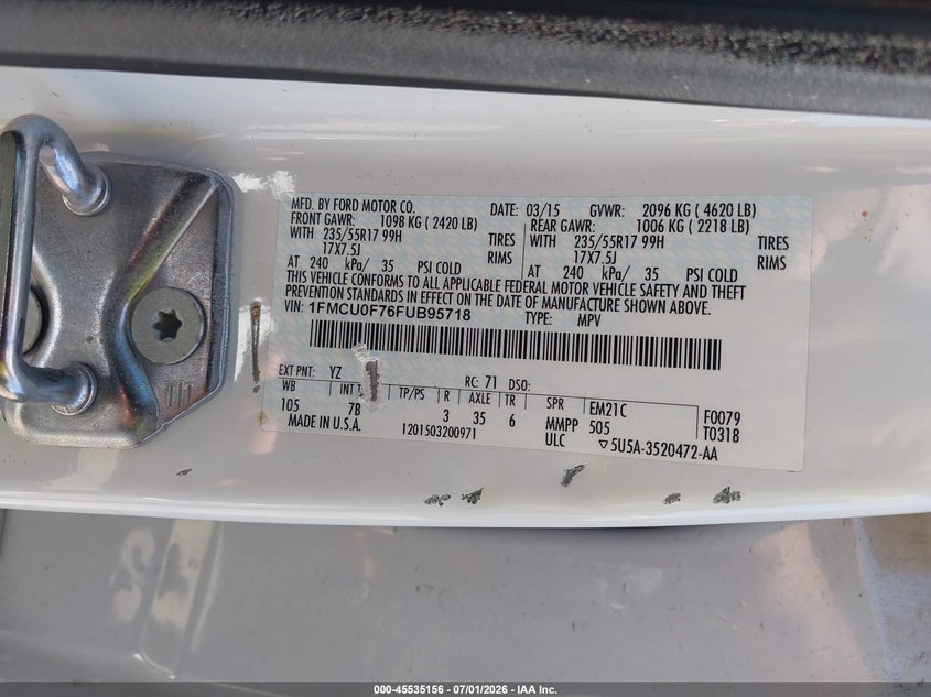 2015 Ford Escape VIN 1FMCU0F76FUB95718 IAAI salvage auction — REAR END, Salvage (California), sold $950 on 2026-07-10 (photo 9)