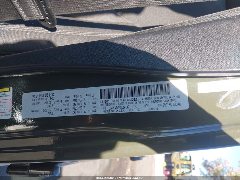 2016 Jeep Wrangler / VIN 1C4BJWDG4GL101471 IAAI salvage auction — ROLLOVER, Salvage Certificate (California), sold $4,350 on 2026-07-24 (photo 9)