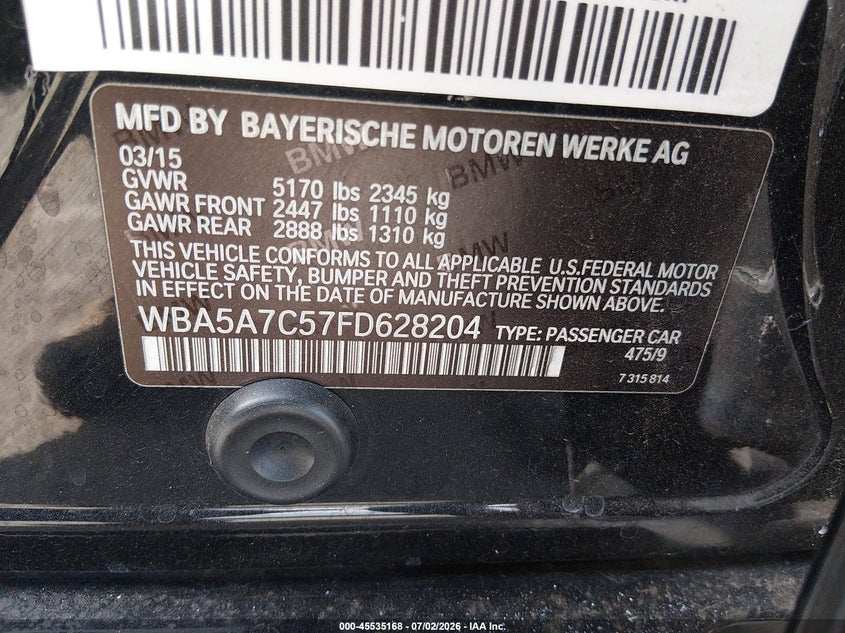 2015 BMW 5er VIN WBA5A7C57FD628204 IAAI salvage auction — RIGHT SIDE, Salvage (California), sold $2,550 on 2026-07-16 (photo 9)
