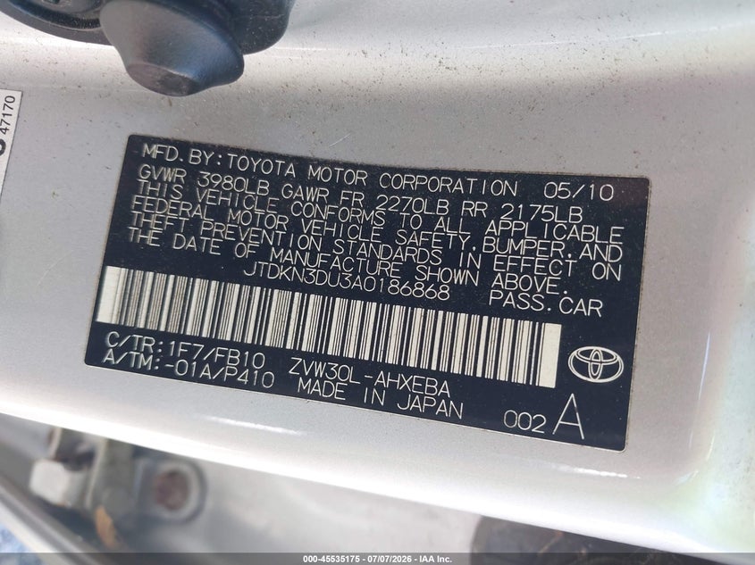 2010 Toyota Prius VIN JTDKN3DU3A0186868 IAAI salvage auction — NORMAL WEAR, Clear (Illinois), sold $1,275 on 2026-07-13 (photo 9)