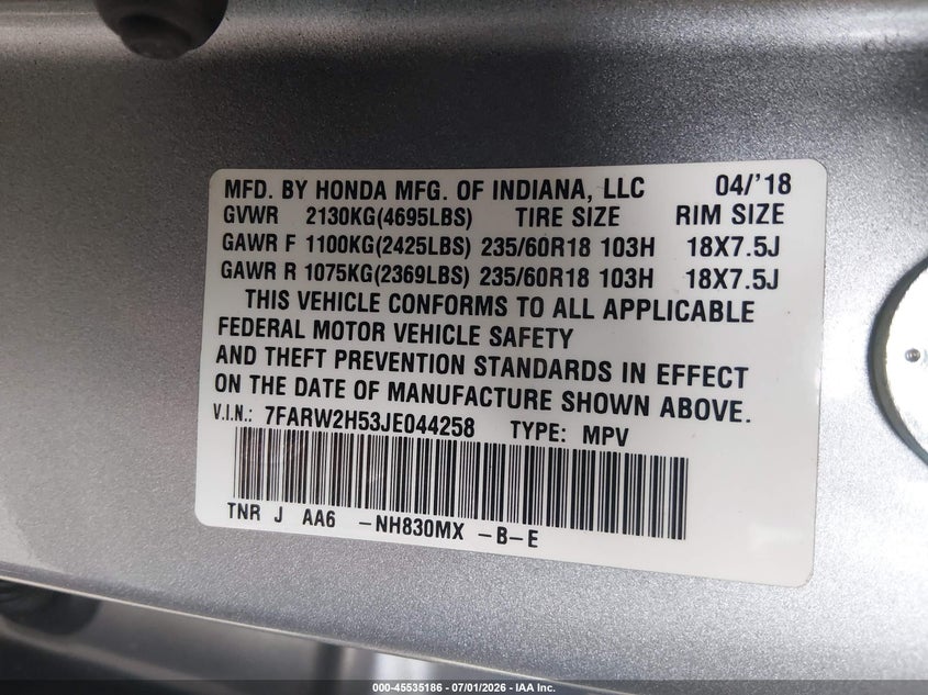 2018 Honda Cr-v VIN 7FARW2H53JE044258 IAAI salvage auction — FRONT END, Salvage Title, sold $7,000 on 2026-09-07 (photo 9)