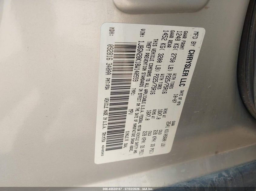 2008 Jeep Liberty VIN 1J8GN28K18W140559 IAAI salvage auction — ENGINE DAMAGE, Clear (Colorado), sold $325 on 2026-07-22 (photo 9)