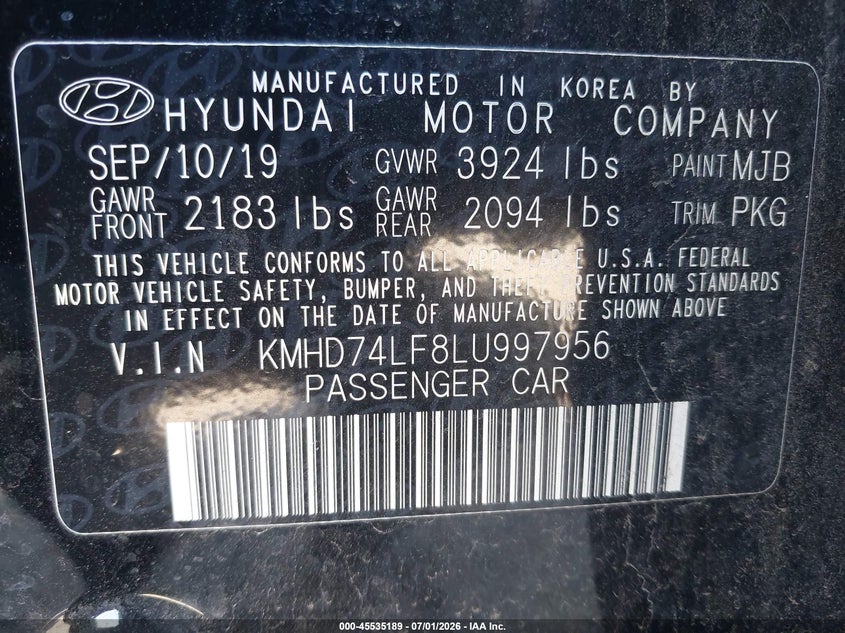 2020 Hyundai Elantra VIN KMHD74LF8LU997956 IAAI salvage auction — NORMAL WEAR, Clear - Public Restricted (Oklahoma), sold $1,600 on 2026-07-14 (photo 9)