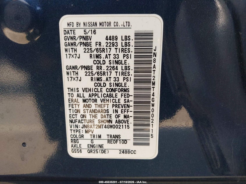 2016 Nissan Rogue VIN JN8AT2MT4GW002115 IAAI salvage auction — FRONT END, Salvage (California), sold $750 on 2026-07-22 (photo 9)