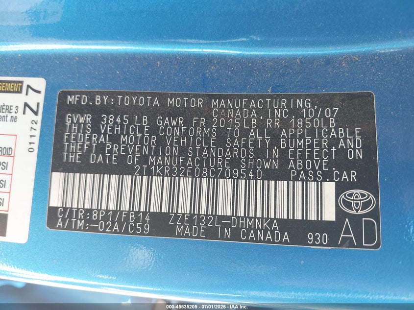 2008 Toyota Matrix VIN 2T1KR32E08C709540 IAAI salvage auction — NORMAL WEAR, Clear-Dealer Only (Arizona), sold $625 on 2026-07-09 (photo 9)