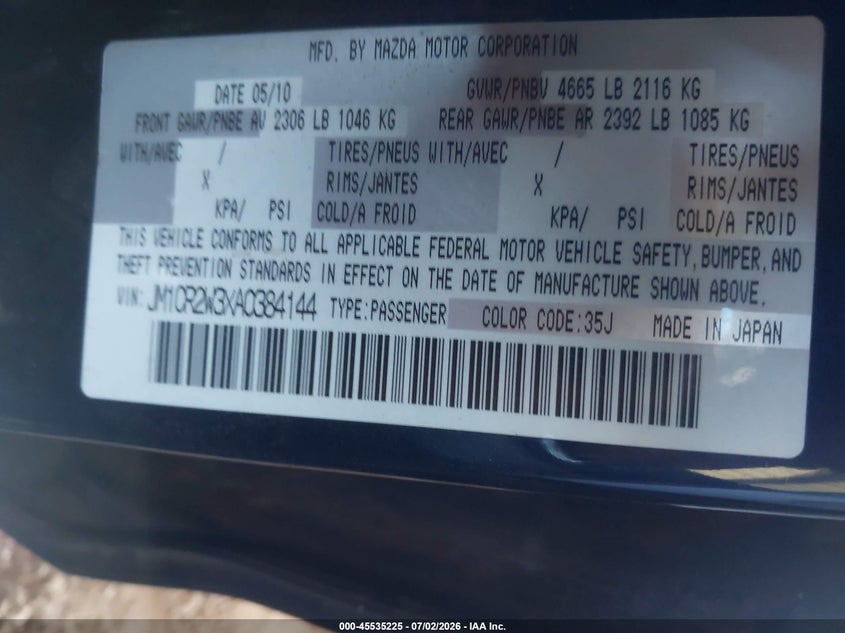 2010 Mazda 5 VIN JM1CR2W3XA0384144 IAAI salvage auction — NORMAL WEAR, Clear-Dealer Only (Arizona), sold $750 on 2026-07-28 (photo 9)