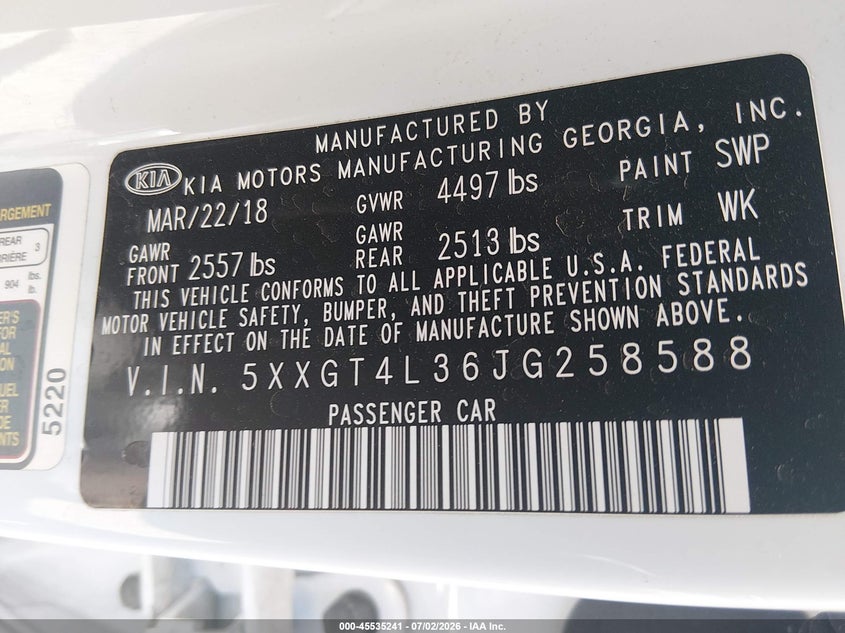 2018 Kia Optima VIN 5XXGT4L36JG258588 IAAI salvage auction — THEFT, Salvage Title, sold $1,000 on 2026-09-10 (photo 9)