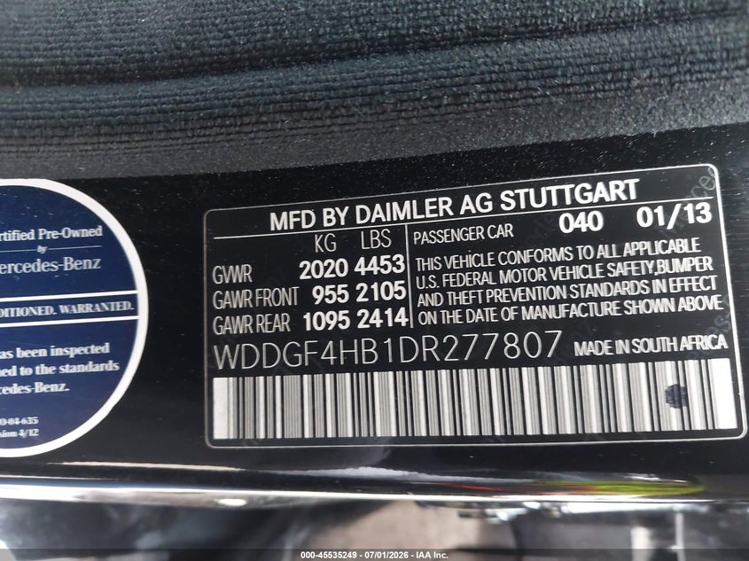 2013 Mercedes-benz C-klasse VIN WDDGF4HB1DR277807 IAAI salvage auction — RIGHT SIDE, Salvage (California), sold $1,300 on 2026-07-29 (photo 9)