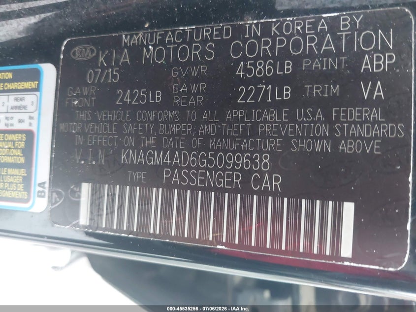 2016 Kia Optima VIN KNAGM4AD6G5099638 IAAI salvage auction — NORMAL WEAR, Clear (Connecticut), sold $500 on 2026-07-30 (photo 9)