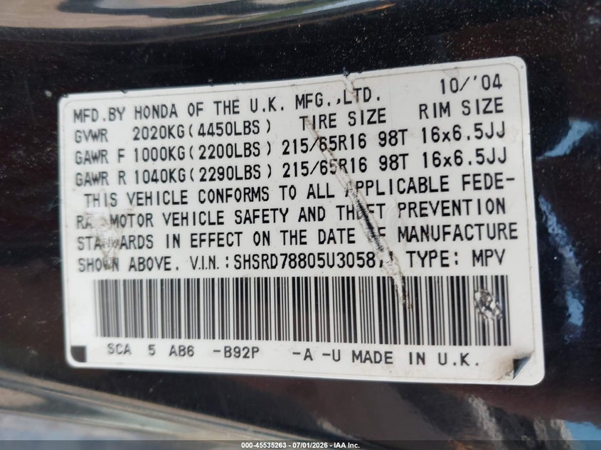 2005 Honda Cr-v VIN SHSRD78805U305871 IAAI salvage auction — NORMAL WEAR, Clear (New York), sold $900 on 2026-07-21 (photo 9)