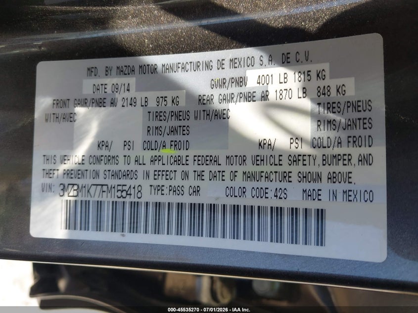 2015 Mazda 3 VIN 3MZBM1K77FM155418 IAAI salvage auction — LEFT SIDE, Salvage (California), sold $3,400 on 2026-07-09 (photo 9)