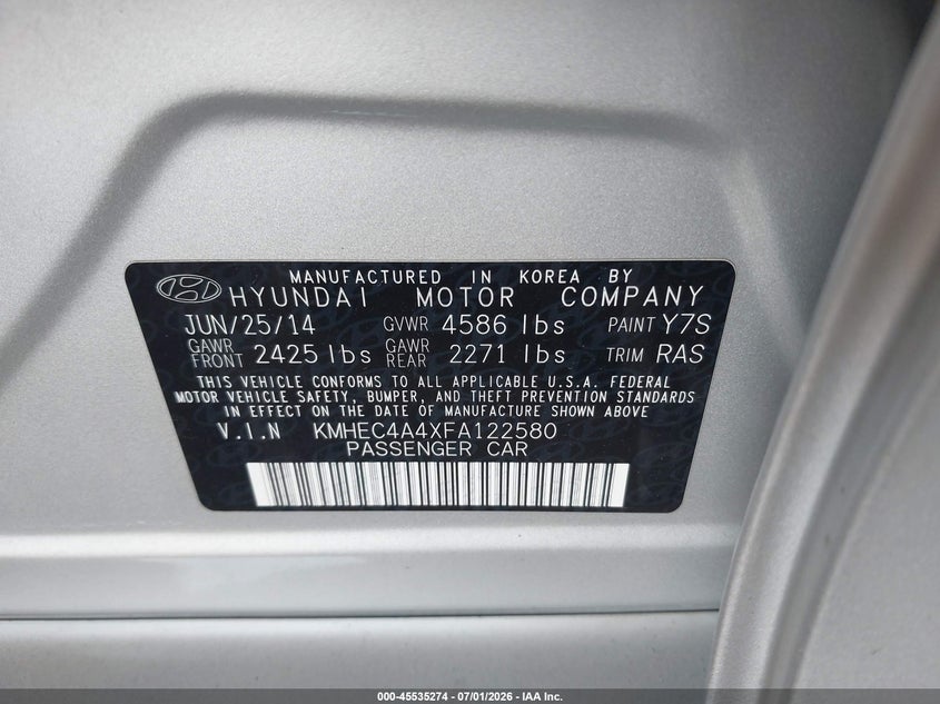 2015 Hyundai Sonata hybrid VIN KMHEC4A4XFA122580 IAAI salvage auction — NORMAL WEAR, Clear (Illinois), sold $700 on 2026-07-20 (photo 9)