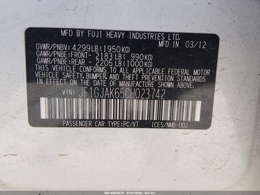 2012 Subaru Impreza VIN JF1GJAK65CH023742 IAAI salvage auction — REAR END, Salvage (California), sold $25 on 2026-07-29 (photo 9)