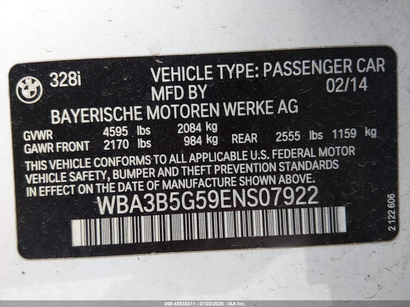 2014 BMW 3er VIN WBA3B5G59ENS07922 IAAI salvage auction — LEFT FRONT, Original (Texas), sold $3,200 on 2026-08-18 (photo 9)