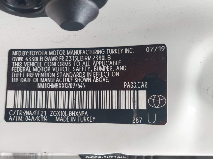 2019 Toyota C-hr VIN NMTKHMBXXKR097645 IAAI salvage auction — SIDE, Wait Title, sold $2,600 on 2026-07-30 (photo 9)