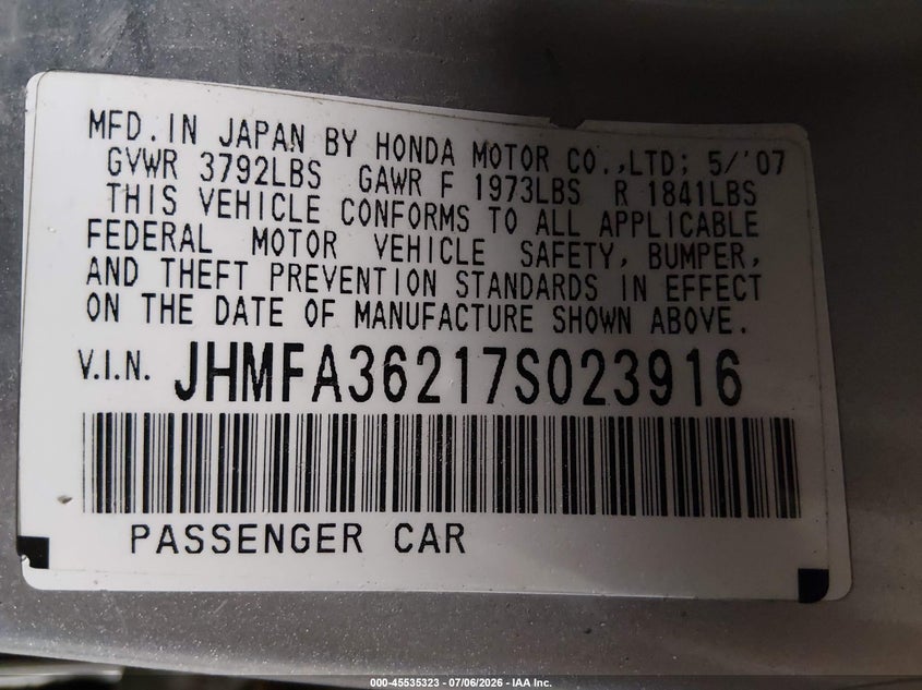 2007 Honda Civic VIN JHMFA36217S023916 IAAI salvage auction — FRONT & REAR, Salvage (Iowa), sold $350 on 2026-07-28 (photo 9)