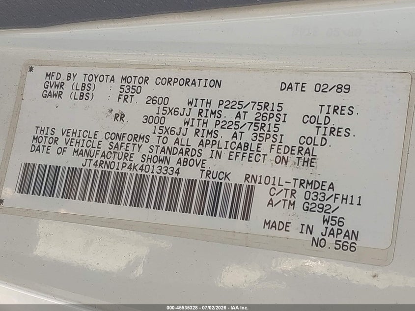 1989 Toyota Pickup VIN JT4RN01P4K4013334 IAAI salvage auction — NORMAL WEAR, Clear (Colorado), sold $5,600 on 2026-07-14 (photo 9)