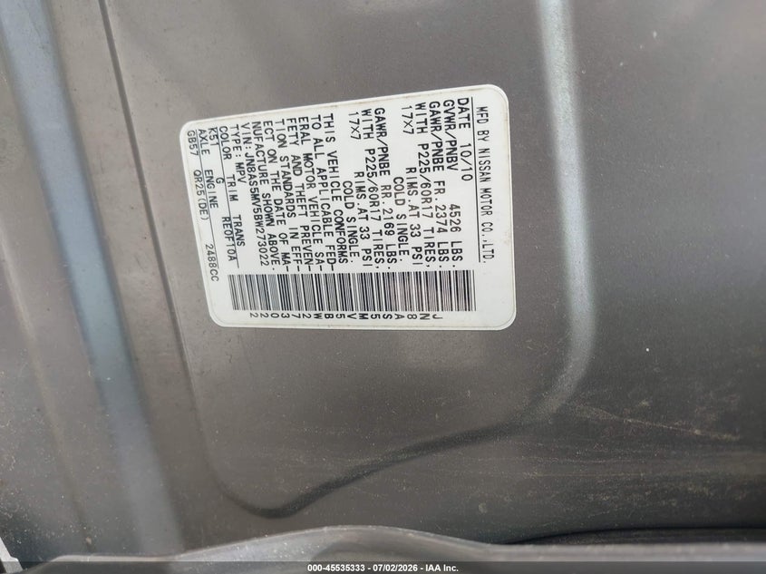 2011 Nissan Rogue VIN JN8AS5MV5BW273022 IAAI salvage auction — NORMAL WEAR, Clear (Florida), sold $325 on 2026-07-29 (photo 9)